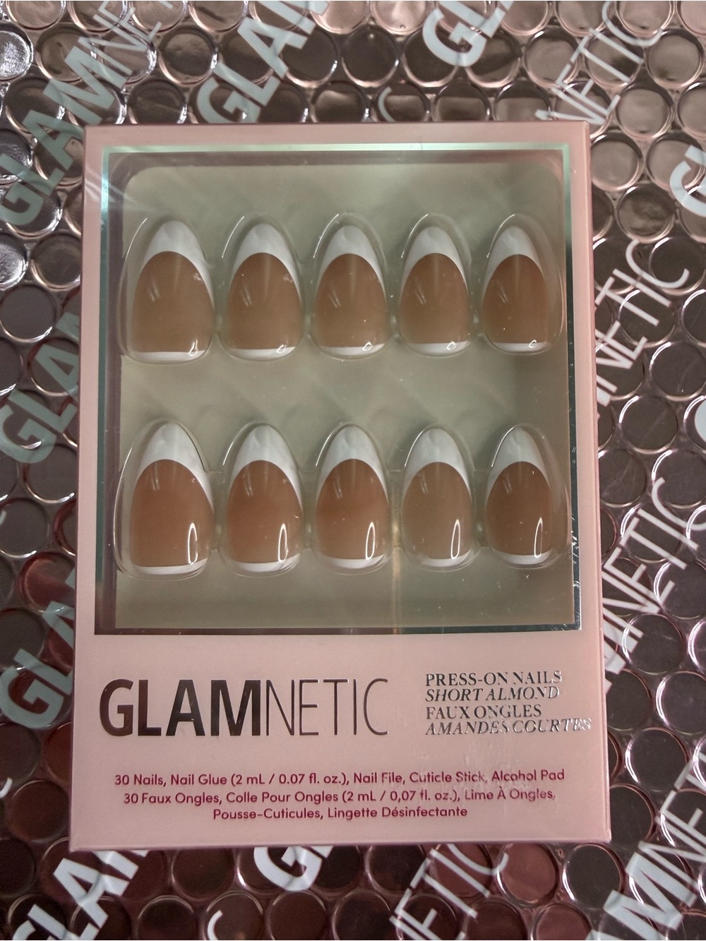 GLAMnetic Short Almond Press-On Nails in Nude with White Tips